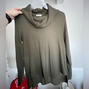 Olive green mock neck waffle knit top, size M